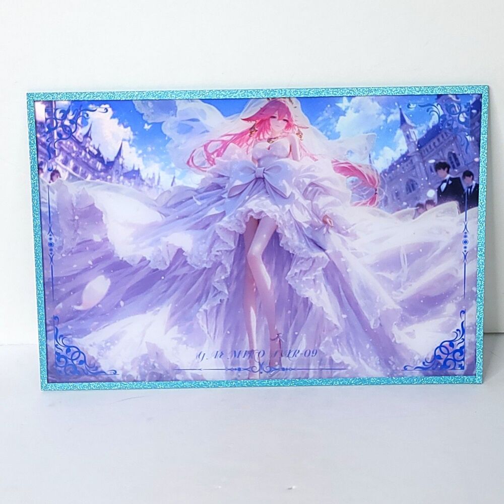 Yae Miko White Dress Blue Glitter Waifu Card Anime Girl Art Oversized Board A5